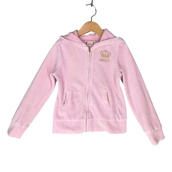 JUICY COUTURE LOS ANGELES GIRL'S PINK VELOUR ZIP-UP HOODIE GOLD CROWN SIZE 5 - Picture 1 of 7
